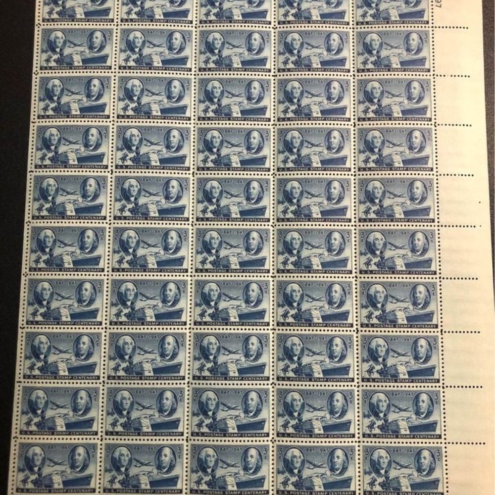 1947 Stamp Centenary Washington & Franklin unused stamp sheet Scott 947 3c Vinta